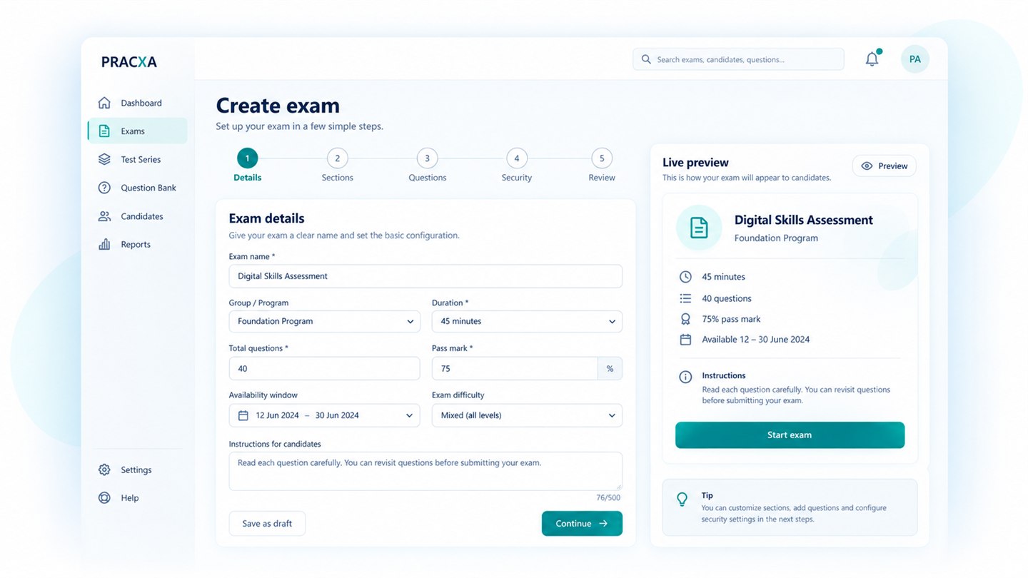 Pracxa create exam workflow showing demo exam details, setup steps and a candidate preview.